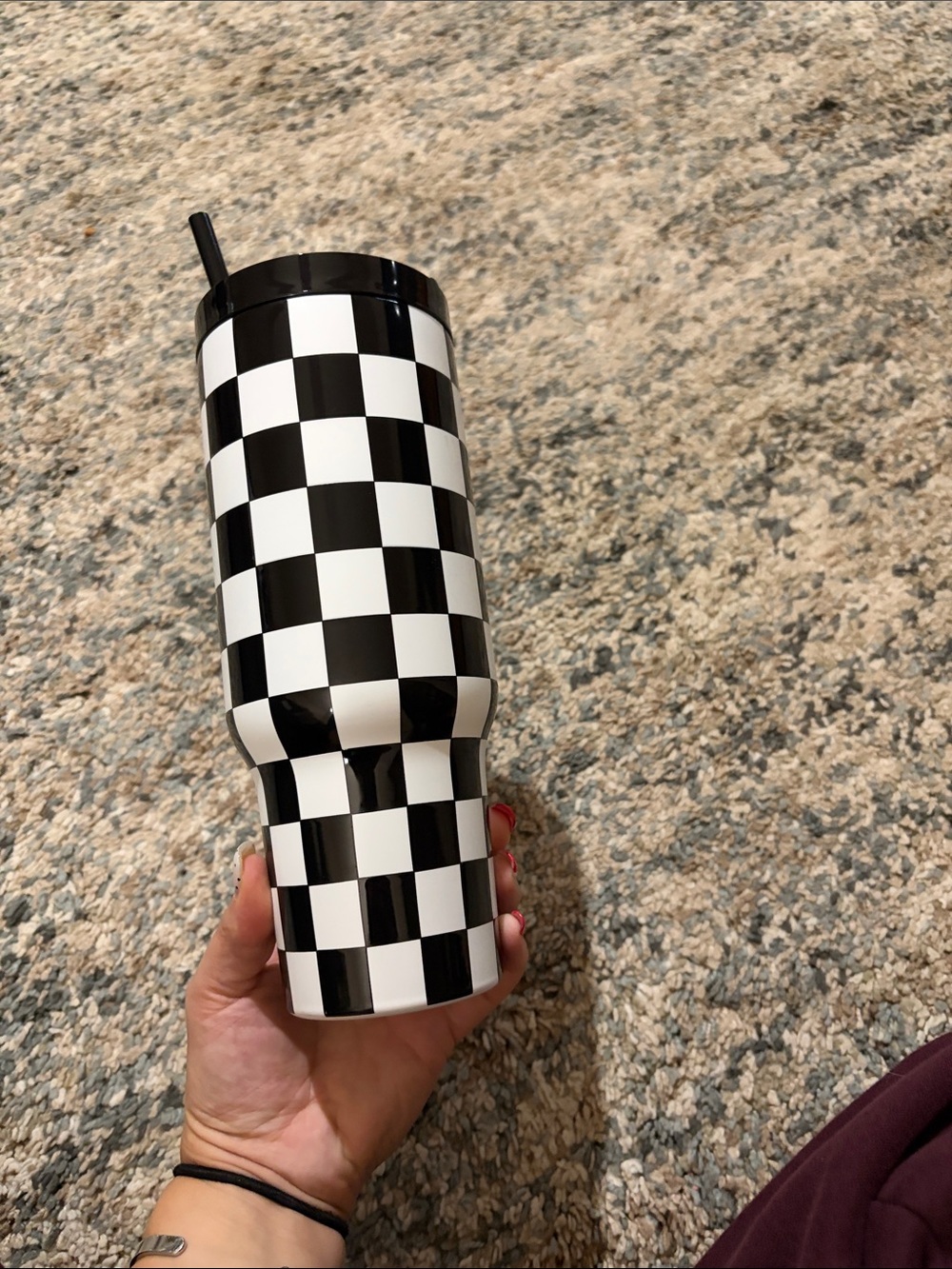 Black & White Checkered Travel Mug with Handle and Straw - Picture 6 of 7